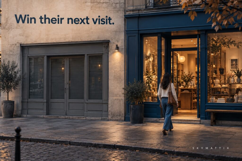 Conceptual illustration of a shopper choosing a welcoming retail entrance.