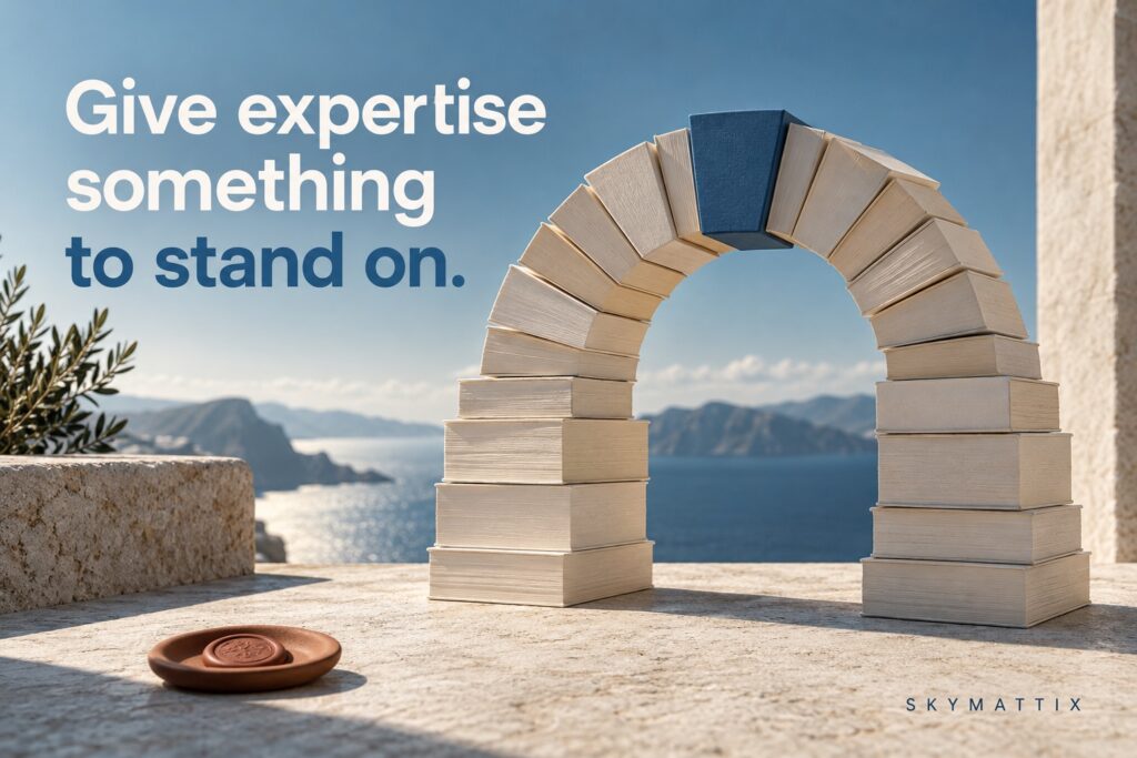 An architectural arch made from evidence cards, illustrating a foundation of expertise.