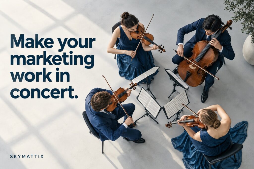 Integrated Marketing 101: Why Your Content, Ads, and Design Need to Start Talking to Each Other — Skymattix editorial illustration