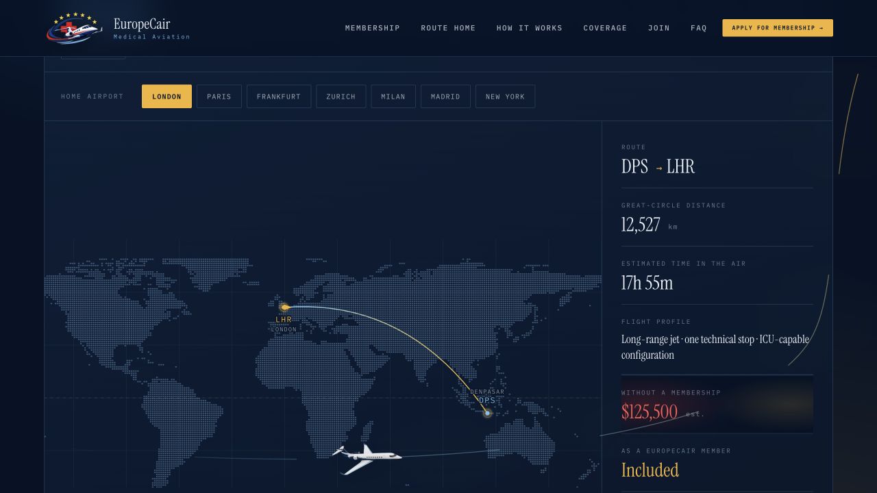 EuropeCair route planner showing a journey from Denpasar to London with a map and illustrative estimates