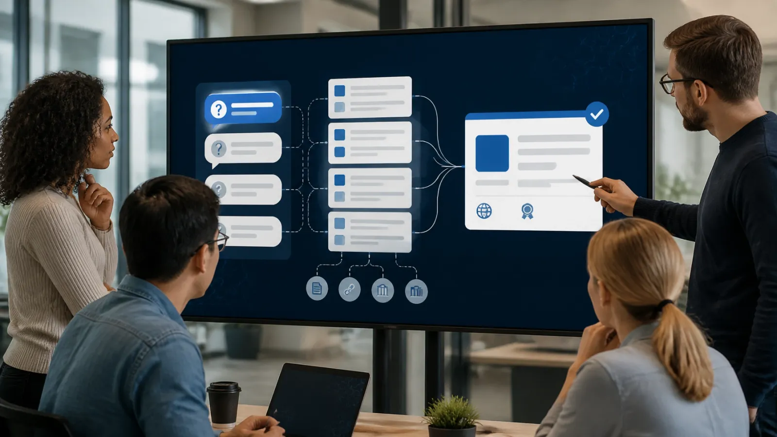 Business team reviewing structured content and search visibility signals on a large monitor