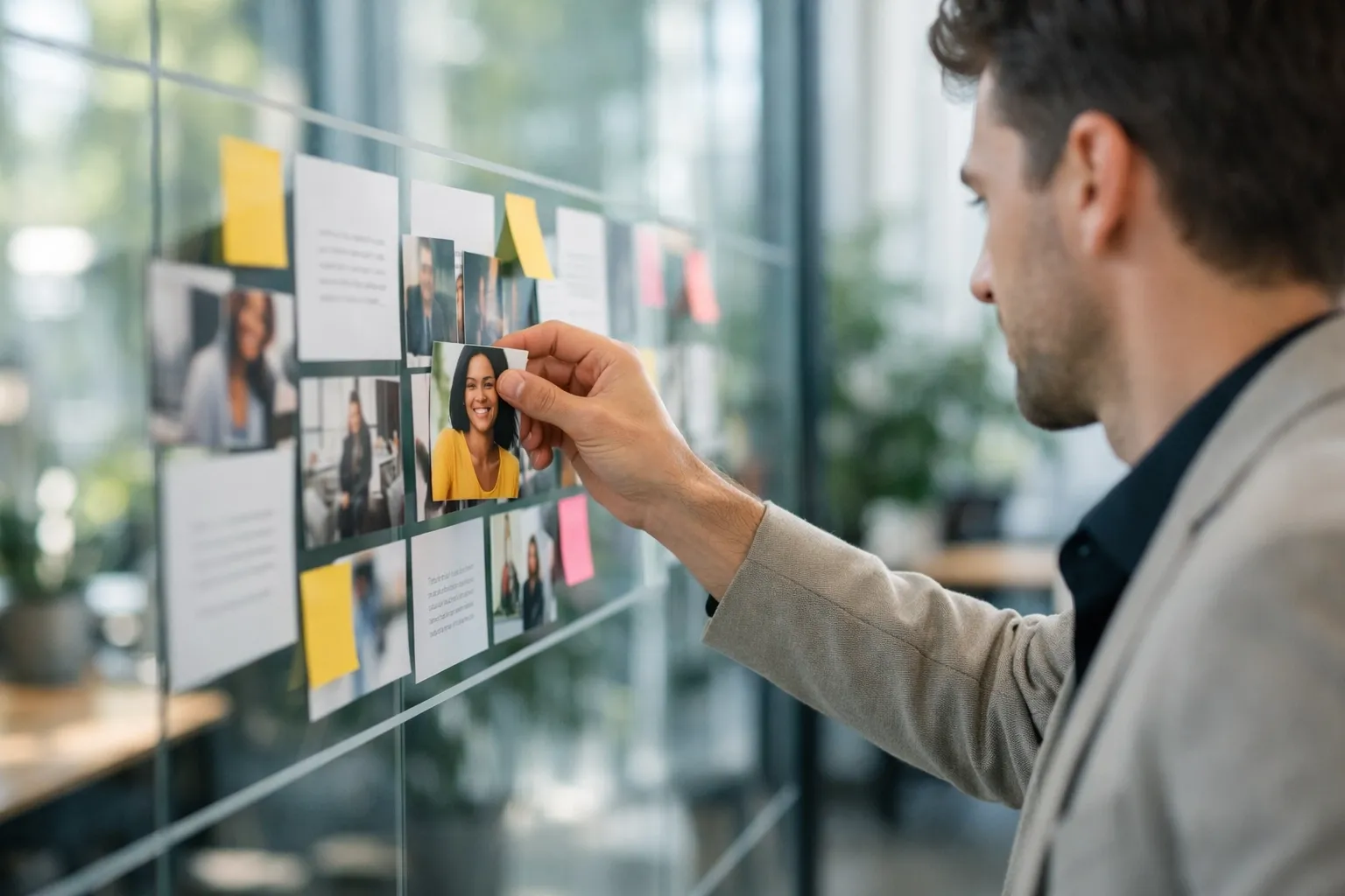 A marketing strategist organizing images on a content calendar grid for consistent social media management.