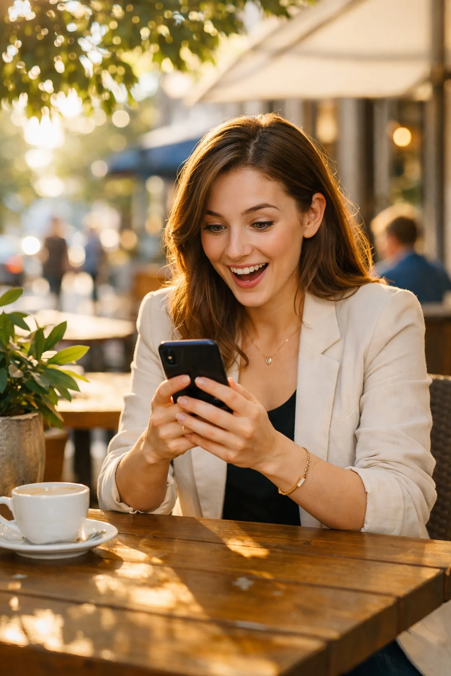 Woman at a cafe delighted by personalized content, illustrating a human-centric brand strategy approach.