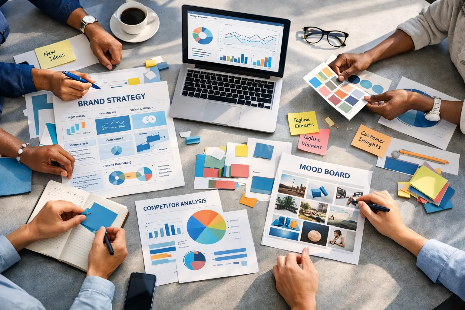 Brand planning materials, colour studies and creative work spread across a table
