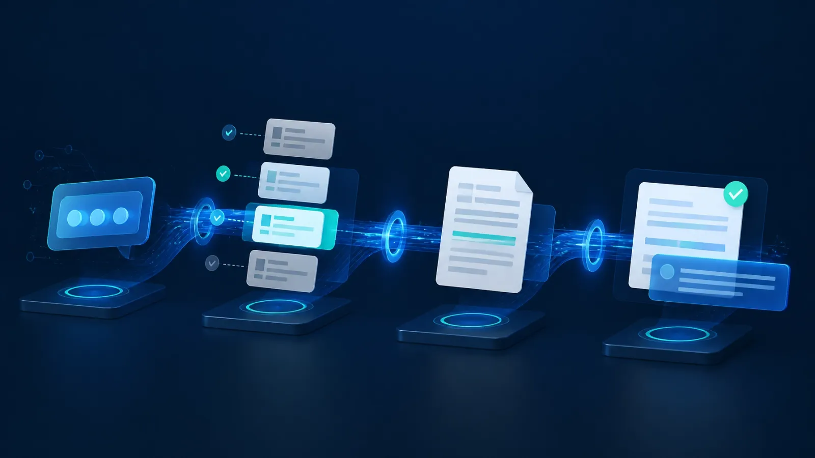 Retrieval-augmented generation pipeline showing query analysis, ranked evidence, selected passages, and a cited answer