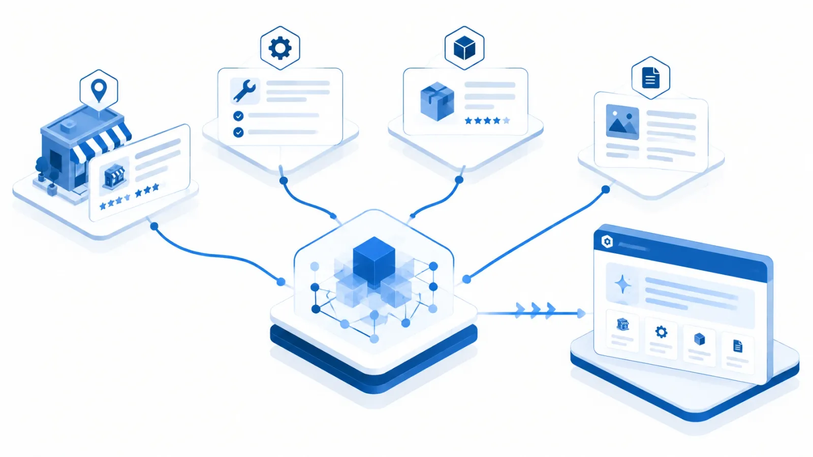 Illustration of structured website information connecting to an AI knowledge graph