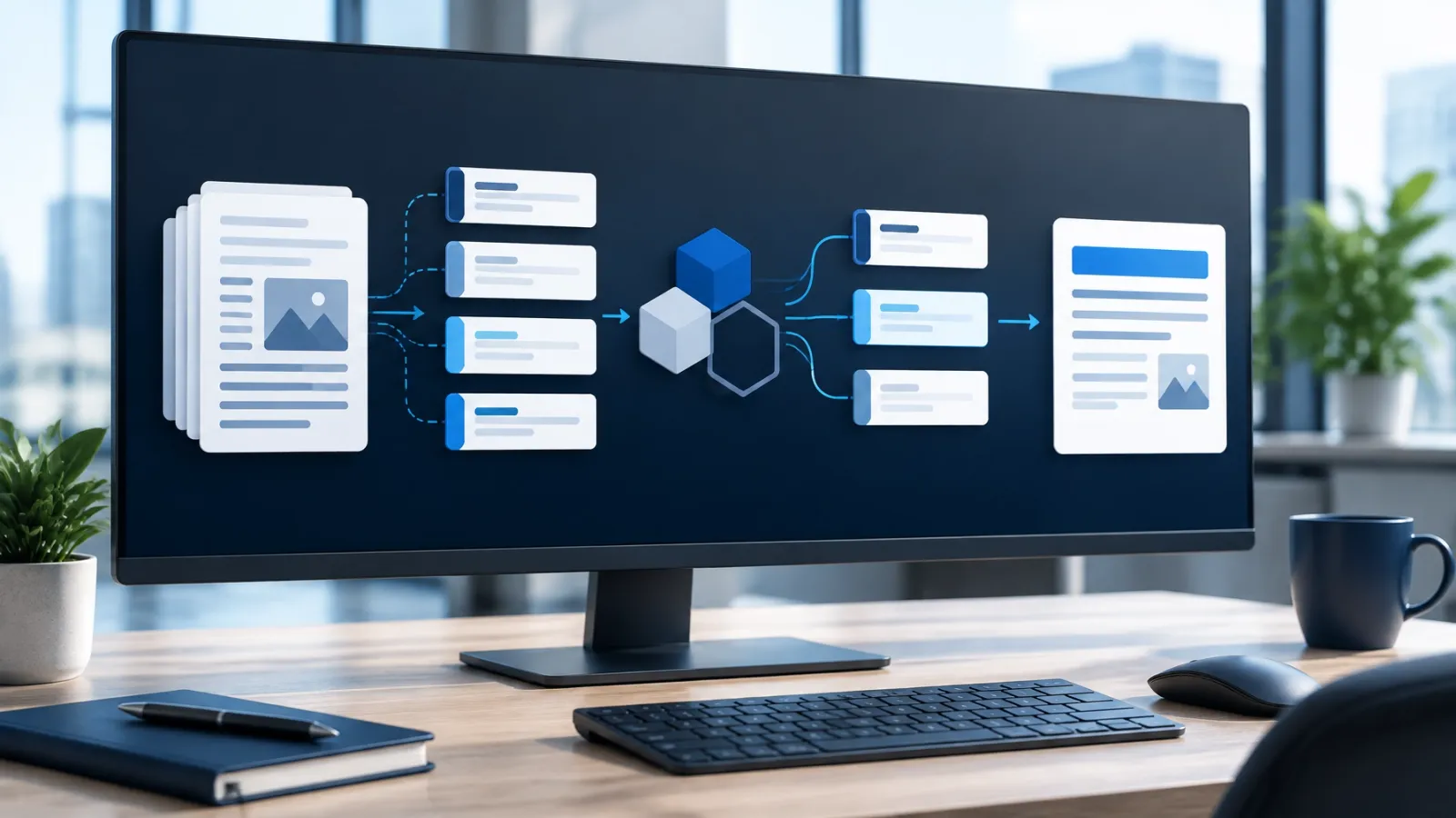 Illustrative content and information architecture on a desktop display