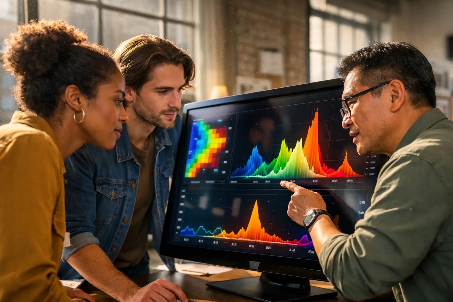 Marketing team analyzing data insights and digital heatmaps to refine content creation and audience engagement.