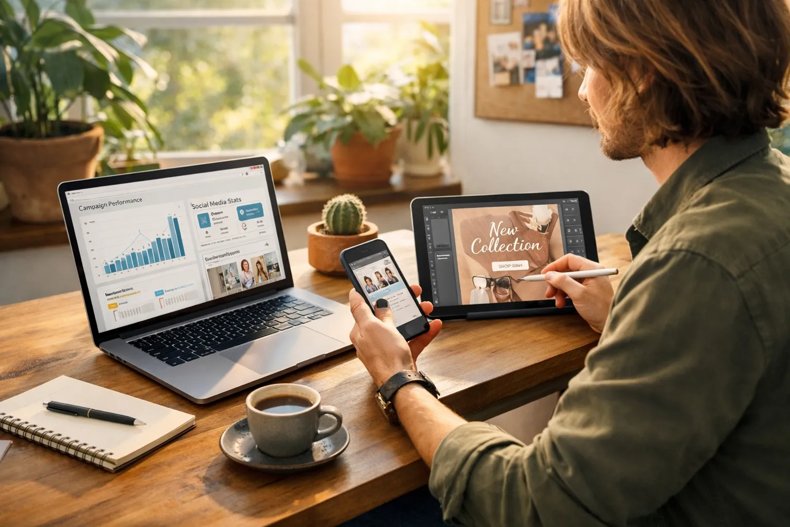 Person planning social content on a laptop beside a phone