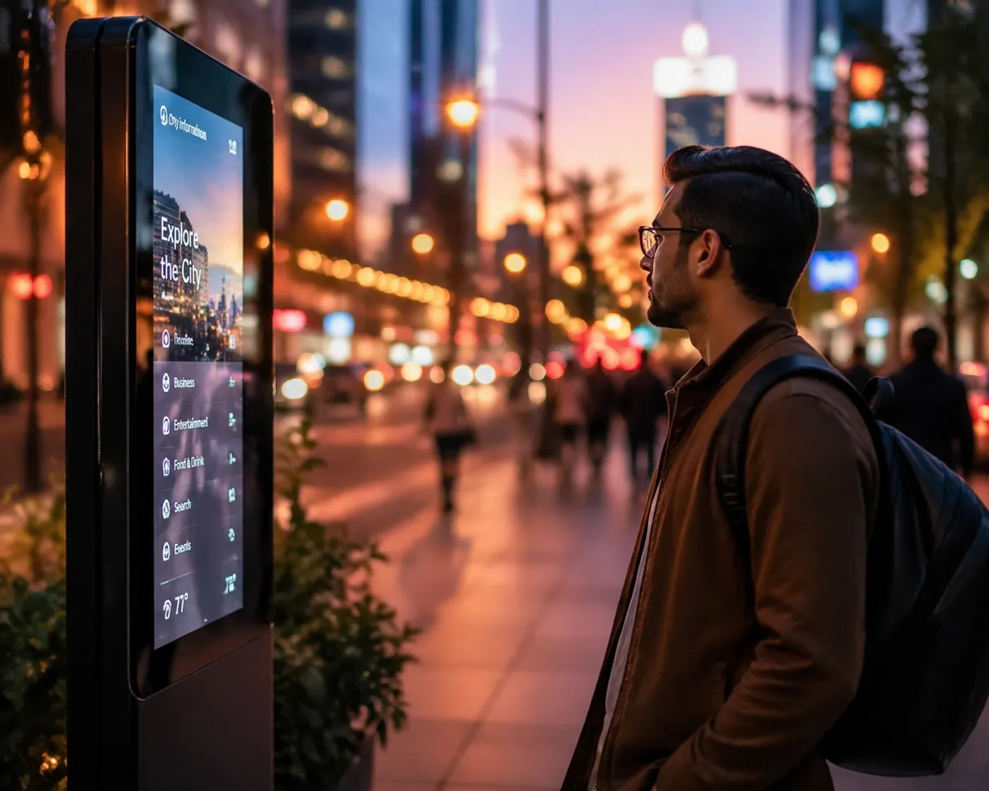Person using a phone on a busy urban street