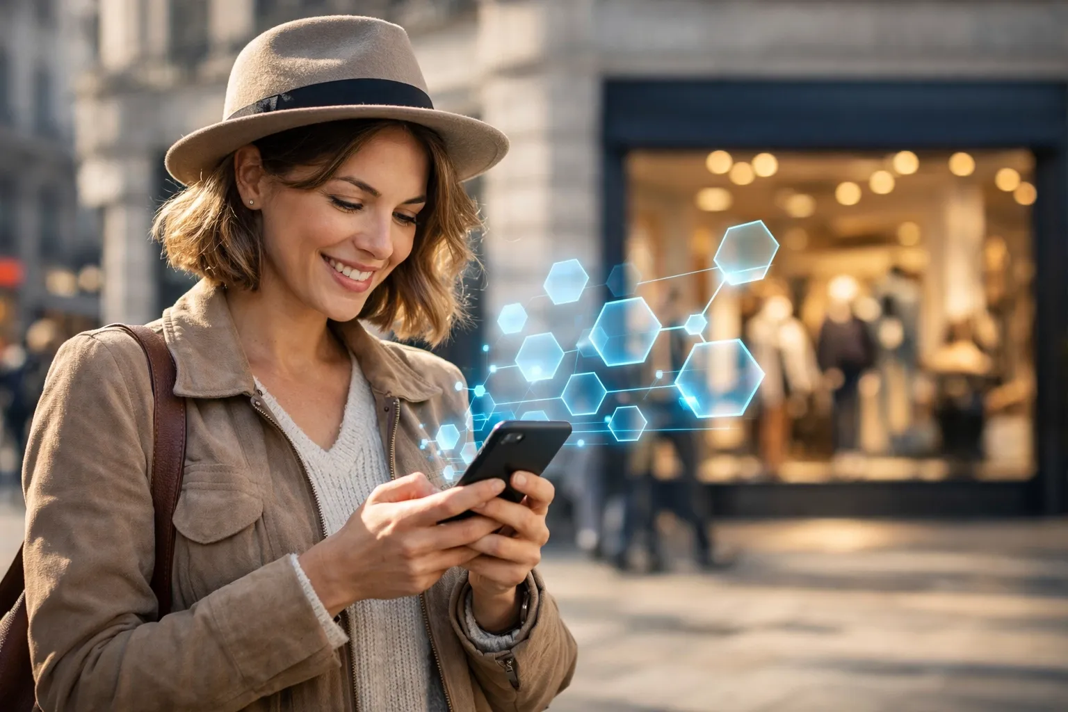 Person discovering a relevant digital offer on their phone, representing human-centric programmatic advertising.