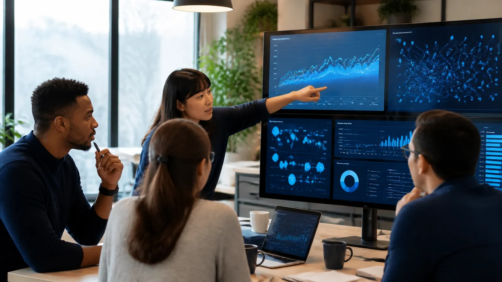 Modern marketing team reviewing abstract organic search and AI visibility data on large screens