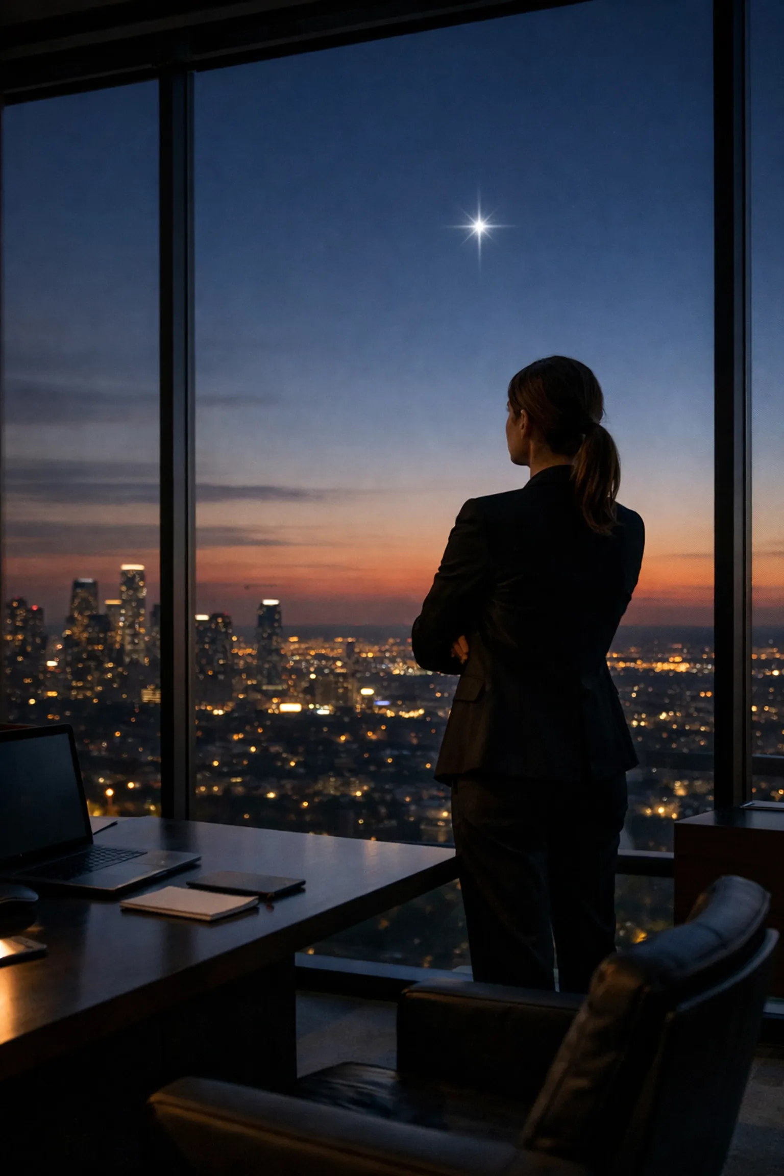 A professional woman in a minimalist office looking at a star, representing a stable brand strategy foundation.